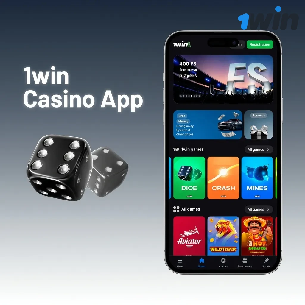 1win Casino App interface showing game selection, live dealer options, and navigation menu for mobile gaming
