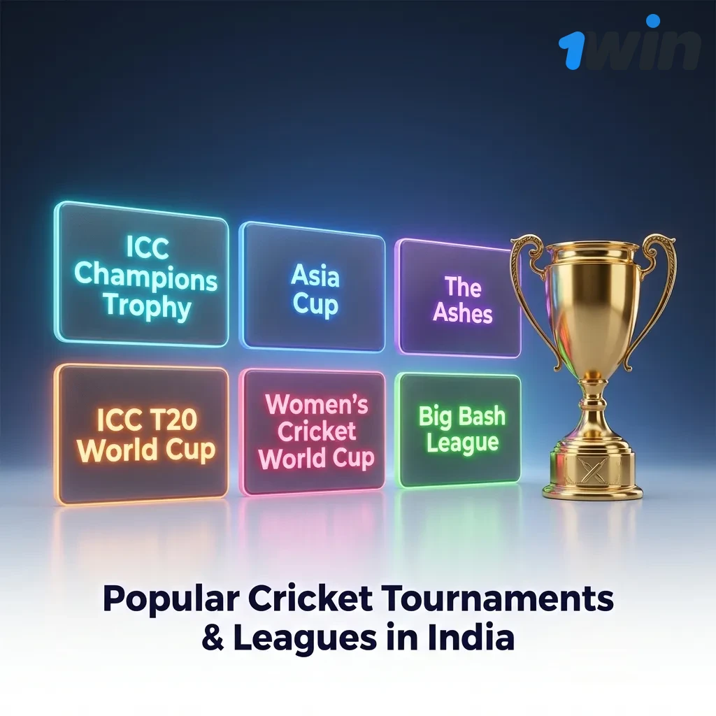 Cricket tournaments display showing IPL, ICC World Cup, T20 World Cup, The Ashes, and domestic leagues betting options