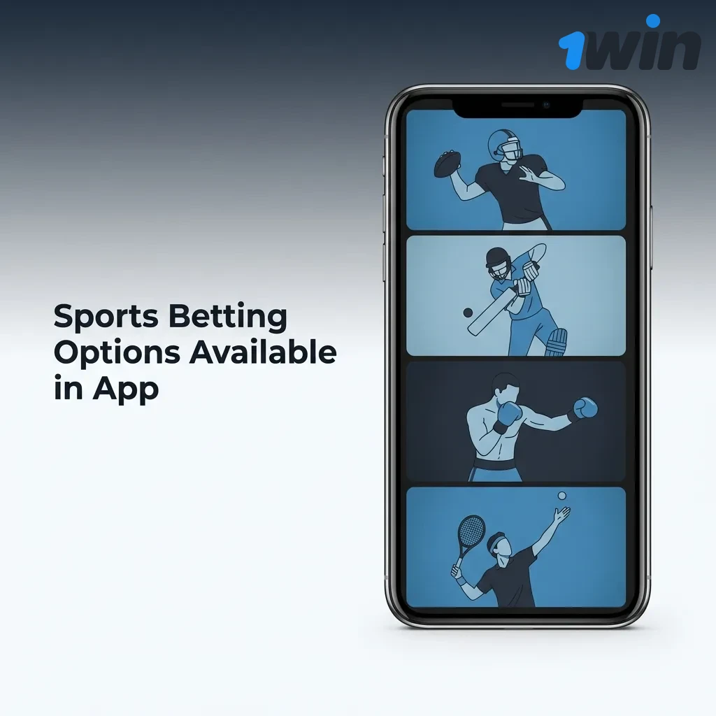 1win app sports betting interface showing cricket, football, tennis, basketball and other popular sports options