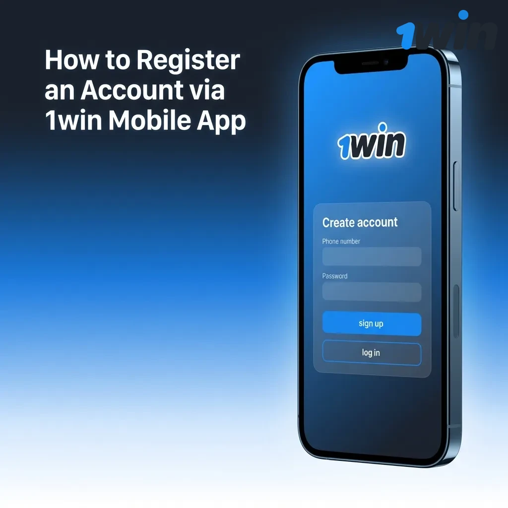 Step-by-step guide showing 1win mobile app registration process with sign-up button and account creation fields