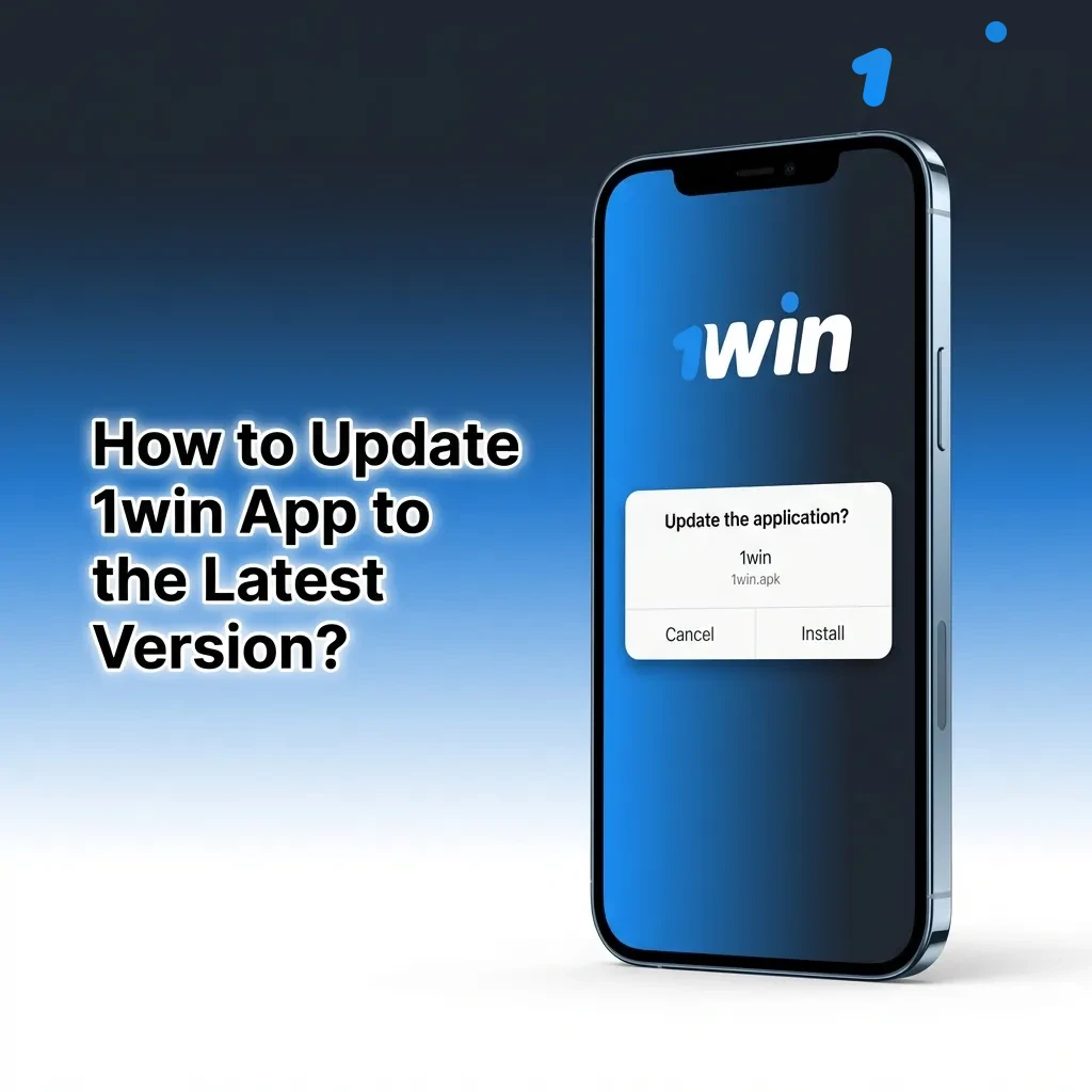 Smartphone displaying 1win app update process with download button and version information on screen
