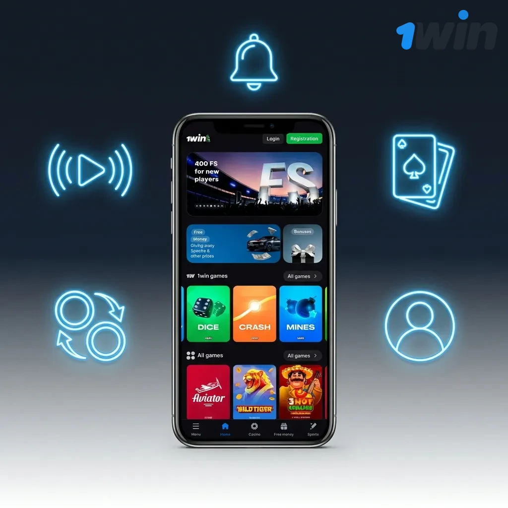 1win mobile app interface showing Indian payment options, sports betting, and casino games for INR users