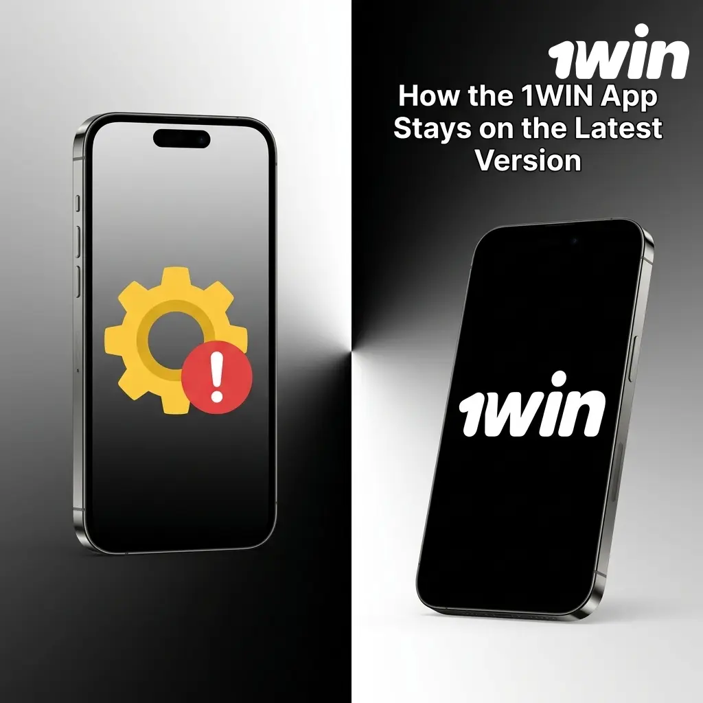 1WIN iOS app updating automatically on a smartphone screen showing latest version with new features and security patches