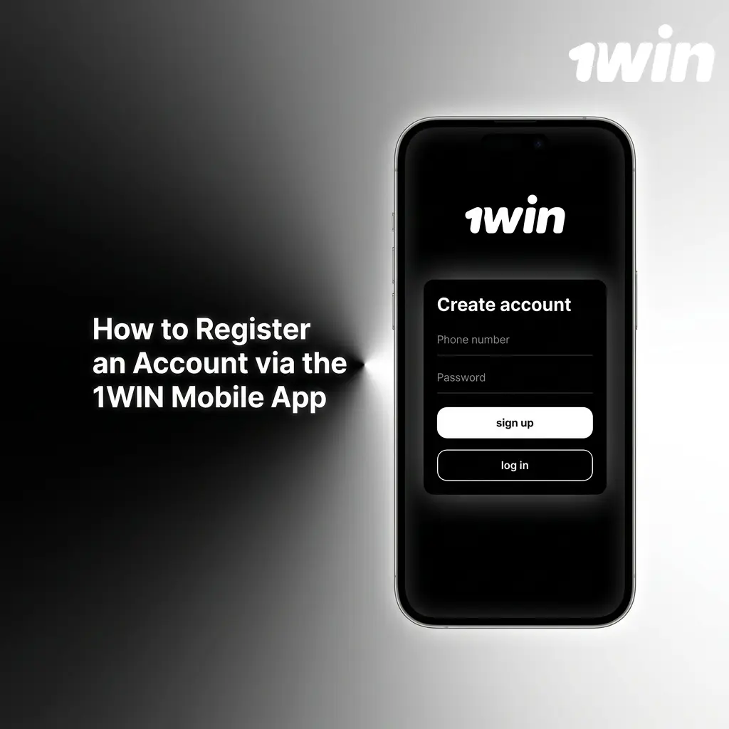 1WIN mobile app registration screen showing sign-up steps via phone, email or social media in under 60 seconds