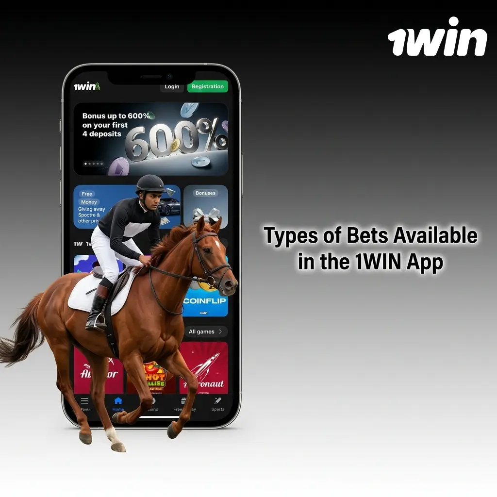 Types of bets in 1WIN app including single, accumulator, system, live, and express bets for sports wagering