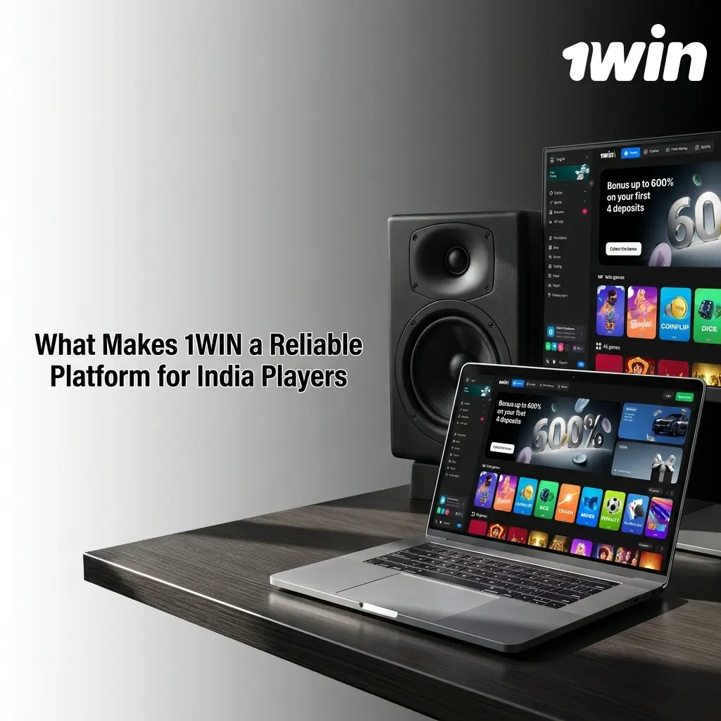 1WIN platform interface showing sports betting options, secure login, and mobile app for Indian players